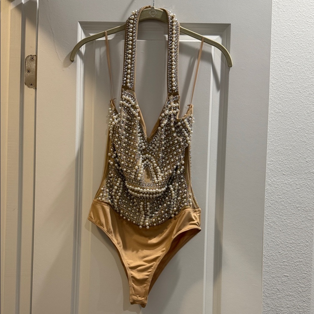 Beaded Pearl-Embellished Tan Bodysuit Top